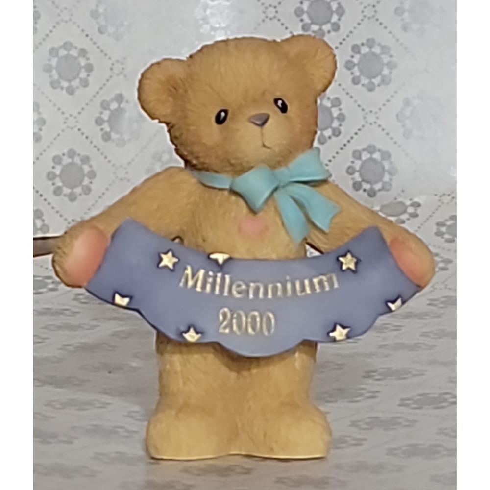 Cherished Teddies 663883A Millennium 2000 Avon Figurine Bear Blue Bow Banner